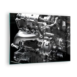 Quadro em vidro - Detalhes de um motor de metal em um fundo preto - 70x50cm - Aço, belo, forte - Decoração de parede moderna para a sala de estar e quarto ARTTOR