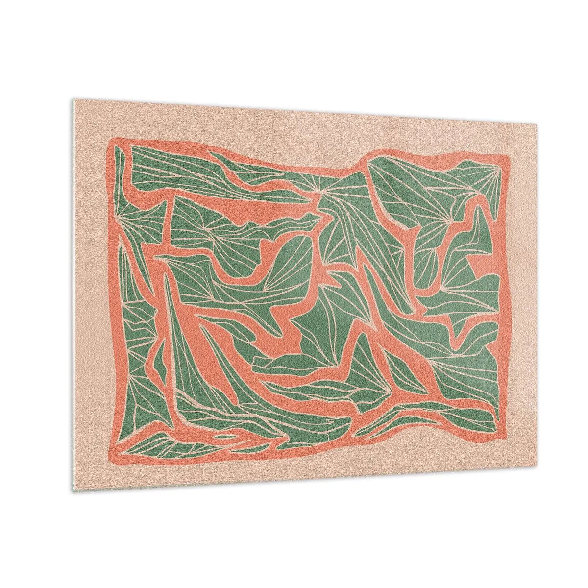 Quadro em vidro - Formas de folhas verdes cercadas por uma moldura de coral em um fundo bege - 70x50cm - A luta entre coral e vegetação - Decoração de parede moderna para a sala de estar e quarto ARTTOR