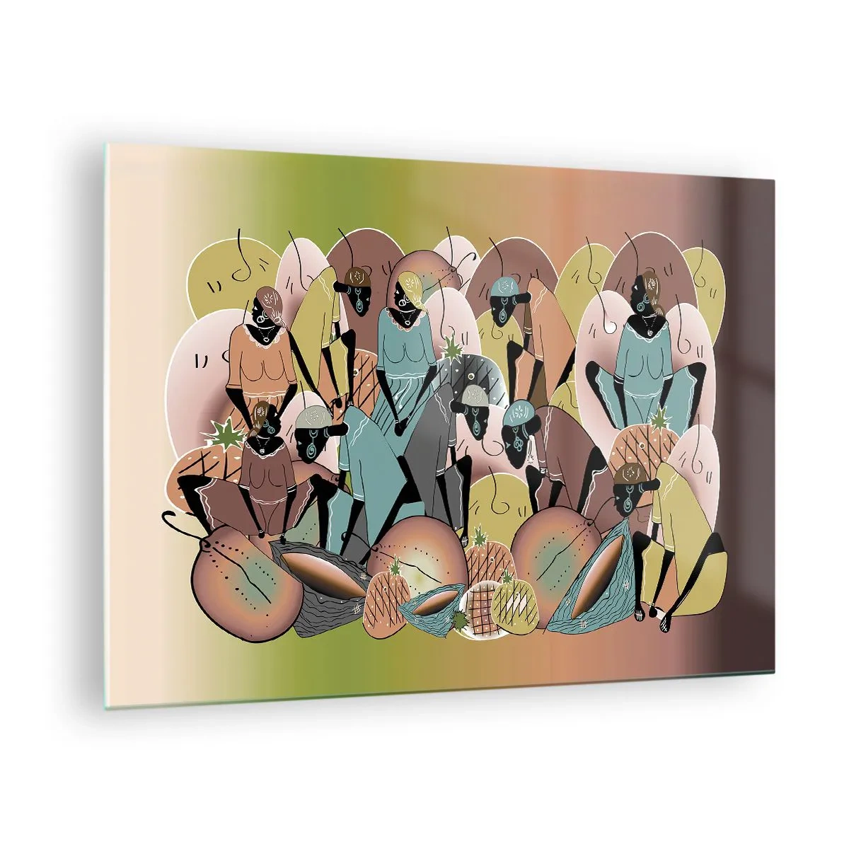 Quadro em vidro - Uma ilustração abstrata de figuras em tons de bege, verde e rosa. - 70x50cm - Uma grande festa se aproxima - Decoração de parede moderna para a sala de estar e quarto ARTTOR