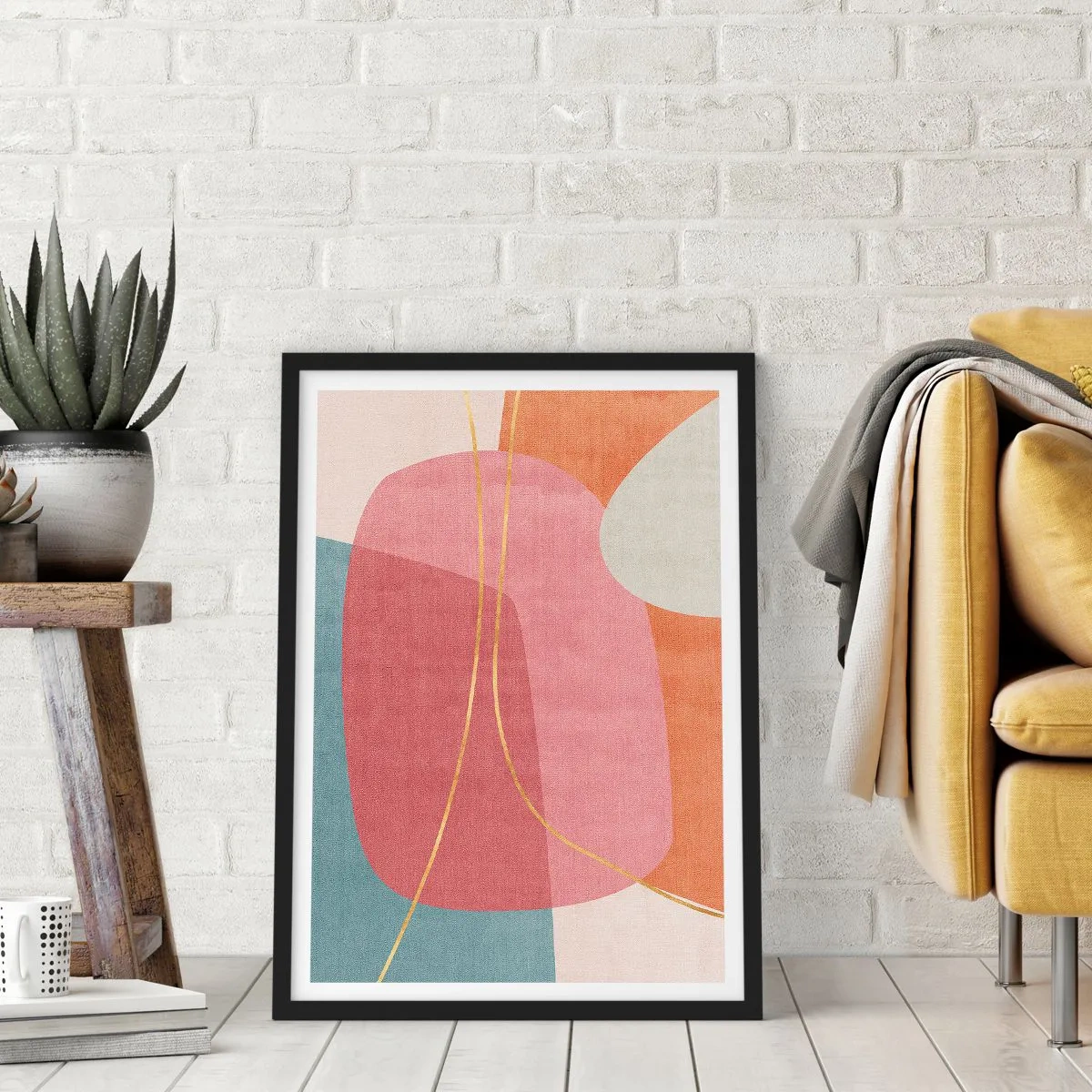 Pôster com moldura preta - Composição pastel com fio dourado - 61x91 cm