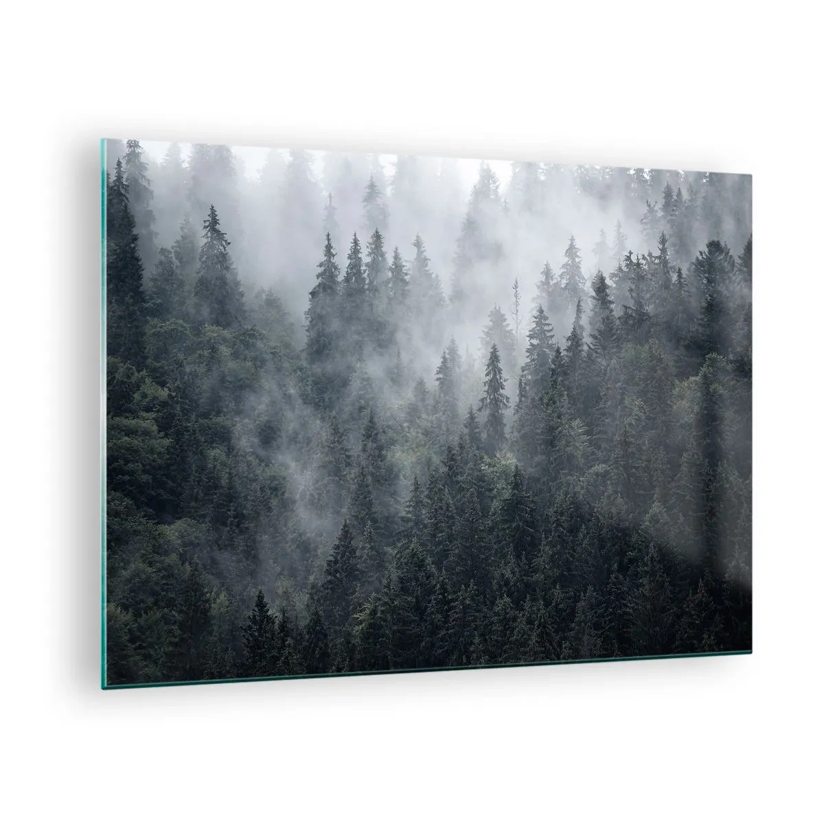Quadro em vidro - Nevoeiro pairando sobre a densa floresta de coníferas pela manhã - 70x50cm - O amanhecer da floresta - Decoração de parede moderna para a sala de estar e quarto ARTTOR