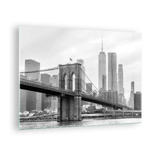 Quadro em vidro - Foto em preto e branco de uma ponte e paisagem urbana - 70x50cm - Vibrações de Nova York - Decoração de parede moderna para a sala de estar e quarto ARTTOR