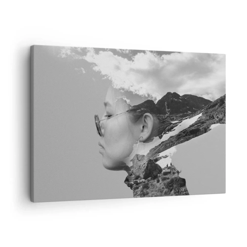 Quadro em tela - Uma composição em preto e branco com uma silhueta de mulher e uma paisagem montanhosa. - 70x50cm - Retrato das montanhas e da nuvem - Decoração de parede moderna para a sala de estar e quarto ARTTOR