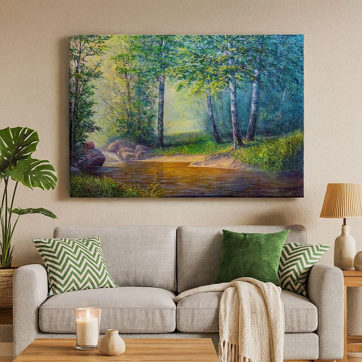 Quadro em tela - Um riacho na floresta cercado por bétulas e sol - 70x50cm - Cenário idílico - Decoração de parede moderna para a sala de estar e quarto ARTTOR