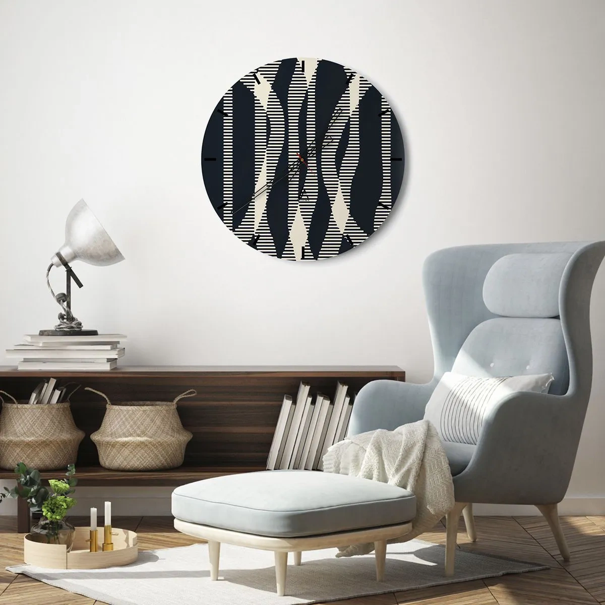 Relógio de parede - Relógio em vidro - Padrão listrado preto e bege com efeito óptico - 30x30cm - Uma tentativa de quebrar a escuridão - Decoração de parede moderna para a sala de estar, cozinha e quarto ARTTOR