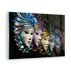 Quadro em vidro - Máscaras venezianas coloridas em uma fileira - 70x50cm - Mistério em ouro e prata - Decoração de parede moderna para a sala de estar e quarto ARTTOR