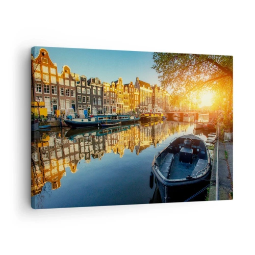 Quadro em tela - Canal de Amsterdã ao pôr do sol - 70x50cm - Manhã em Amsterdã - Decoração de parede moderna para a sala de estar e quarto ARTTOR