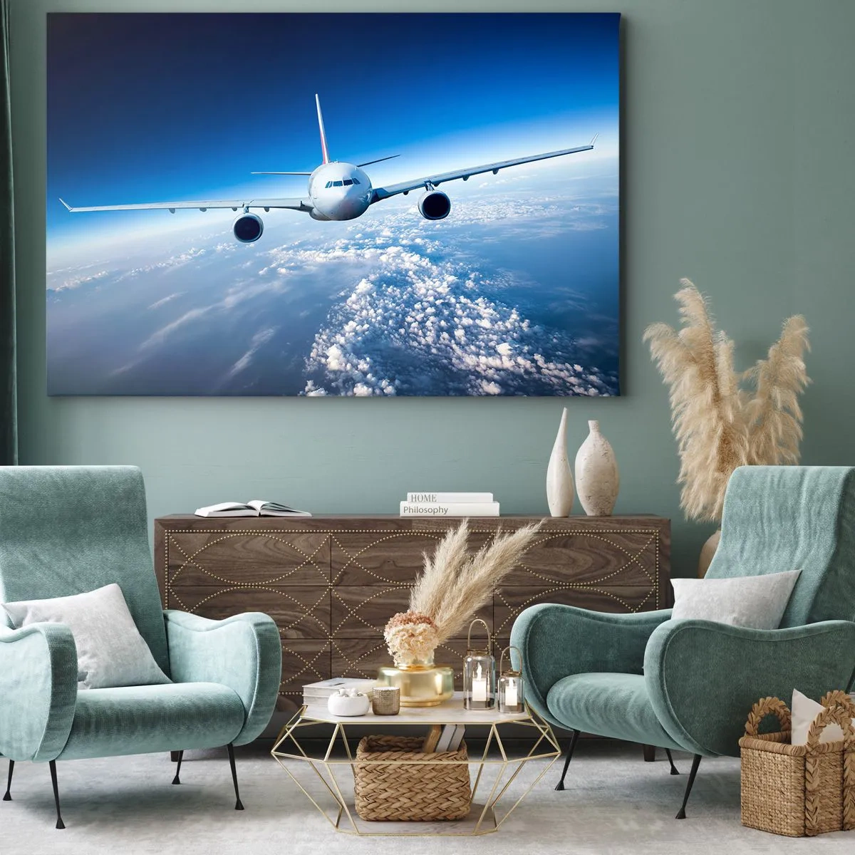 Quadro em tela - Um avião voando acima das nuvens contra um céu azul - 70x50cm - Vou porque quero - Decoração de parede moderna para a sala de estar e quarto ARTTOR