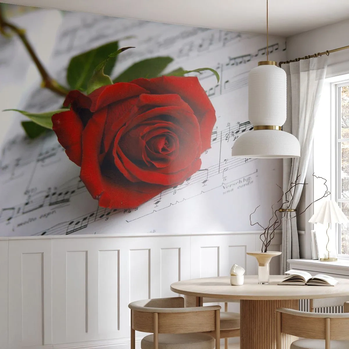 Papel de Parede Standard Eco - Música de sentimentos em escarlate - Flores, Rosa, Música - 250x175 cm