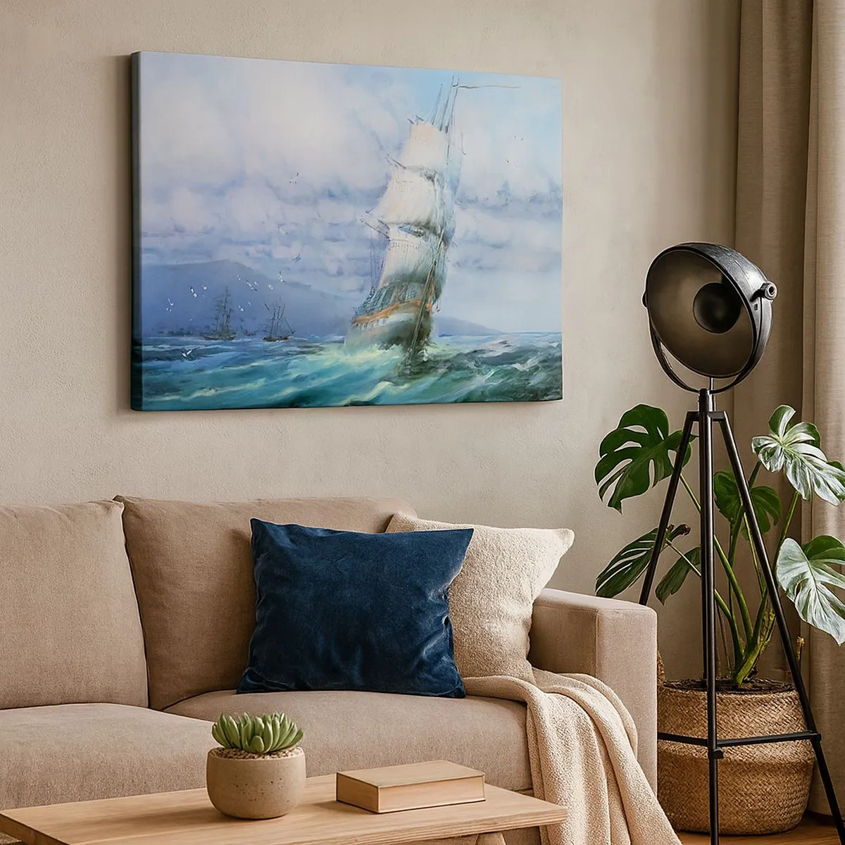 Quadro em tela - Um navio em um mar tempestuoso - 70x50cm - Bons ventos - Decoração de parede moderna para a sala de estar e quarto ARTTOR