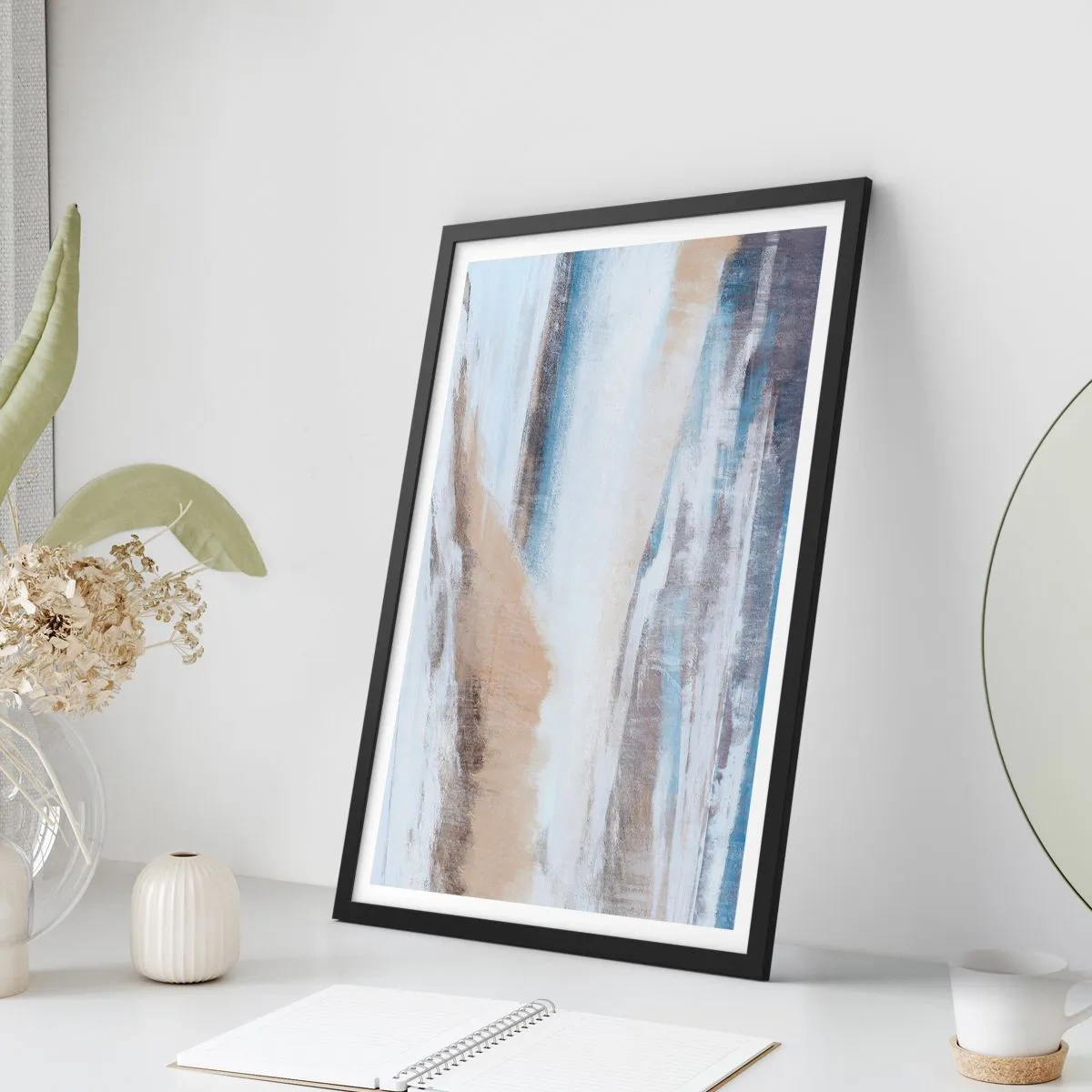 Pôster com moldura preta - Composição abstrata em tons de azul e bege - 50x70cm - Composição de inverno - Decoração de parede moderna para a sala de estar e quarto ARTTOR