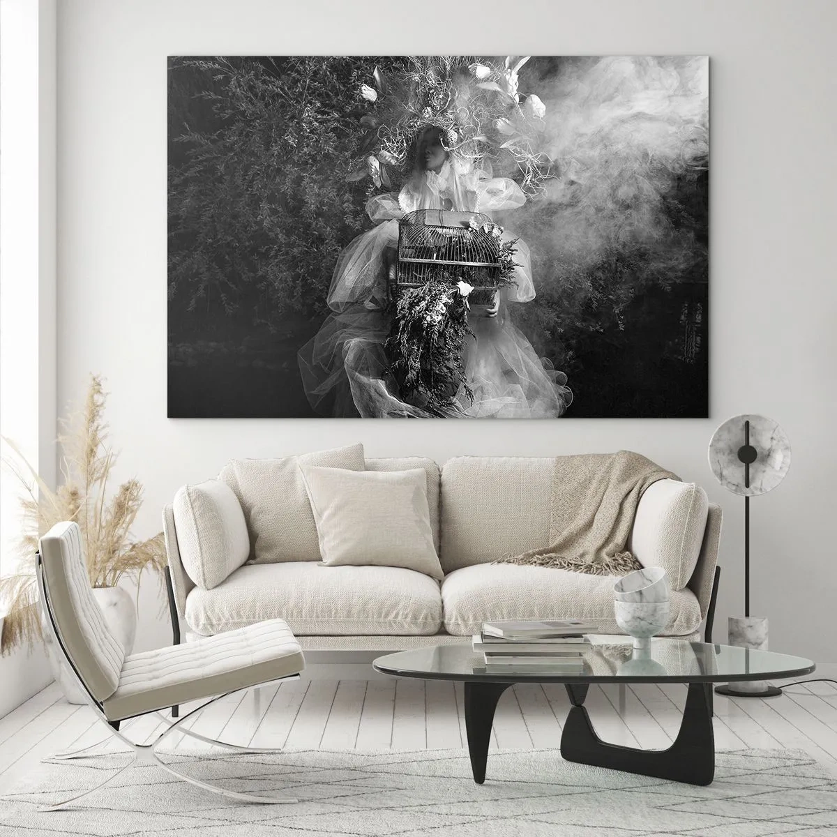 Quadro em vidro - Mulher com vestido de tule gaiola e coroa de plantas em preto e branco - 70x50cm - A própria mãe – natureza - Decoração de parede moderna para a sala de estar e quarto ARTTOR
