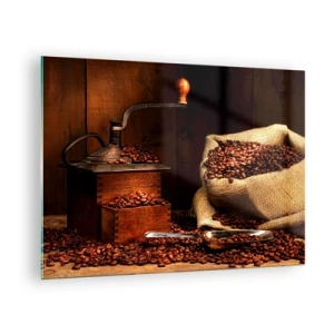 Quadro em vidro - Um velho moedor de café com grãos e um saco de café - 70x50cm - Natureza morta com grãos de café e moedor - Decoração de parede moderna para a sala de estar e quarto ARTTOR