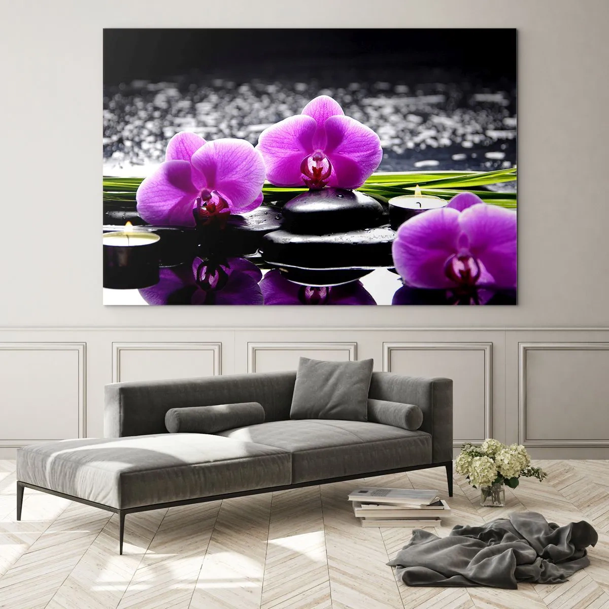Quadro em vidro - Orquídeas roxas com pedras e velas sobre um fundo de água - 70x50cm - Afogar-se na paz e sossego - Decoração de parede moderna para a sala de estar e quarto ARTTOR