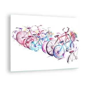Quadro em vidro - Bicicletas coloridas em estilo aquarela - 70x50cm - Reunião do Clube Antimoto  - Decoração de parede moderna para a sala de estar e quarto ARTTOR