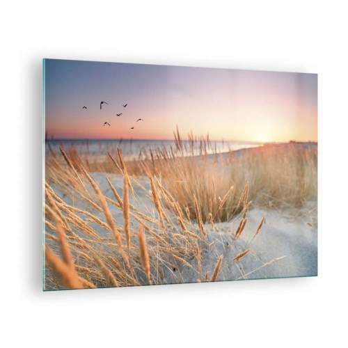 Quadro em vidro - Uma praia com grama e o sol se pondo sobre o mar - 70x50cm - Uma canção de embalar do Báltico - Decoração de parede moderna para a sala de estar e quarto ARTTOR