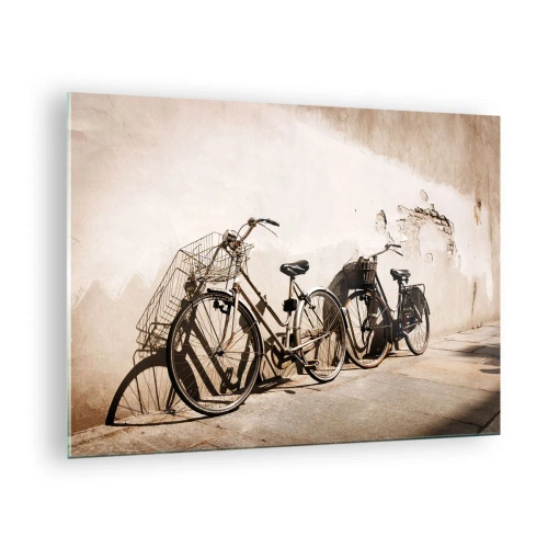 Quadro em vidro - Bicicletas retrô encostadas em uma parede velha - 70x50cm - Encanto inesquecível do passado - Decoração de parede moderna para a sala de estar e quarto ARTTOR