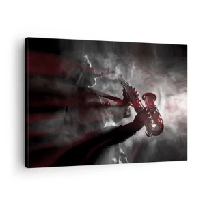 Quadro em tela - Saxofonista em fumaça no palco em preto e vermelho atmosférico - 70x50cm - Nos fumos do jazz - Decoração de parede moderna para a sala de estar e quarto ARTTOR
