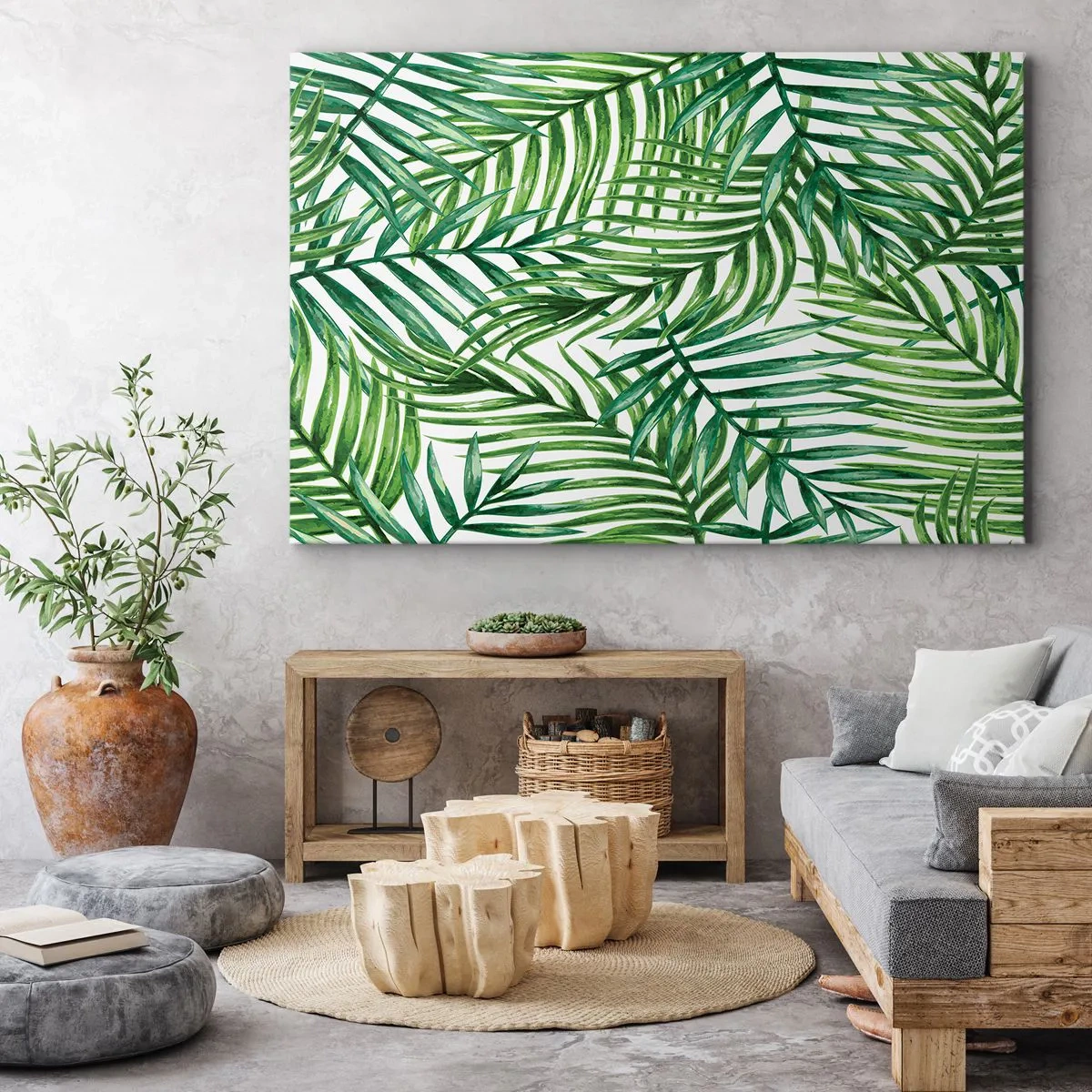 Quadro em tela - Folhas de palmeira tropical verde sobre fundo claro - 70x50cm - Sob as folhas verdes - Decoração de parede moderna para a sala de estar e quarto ARTTOR