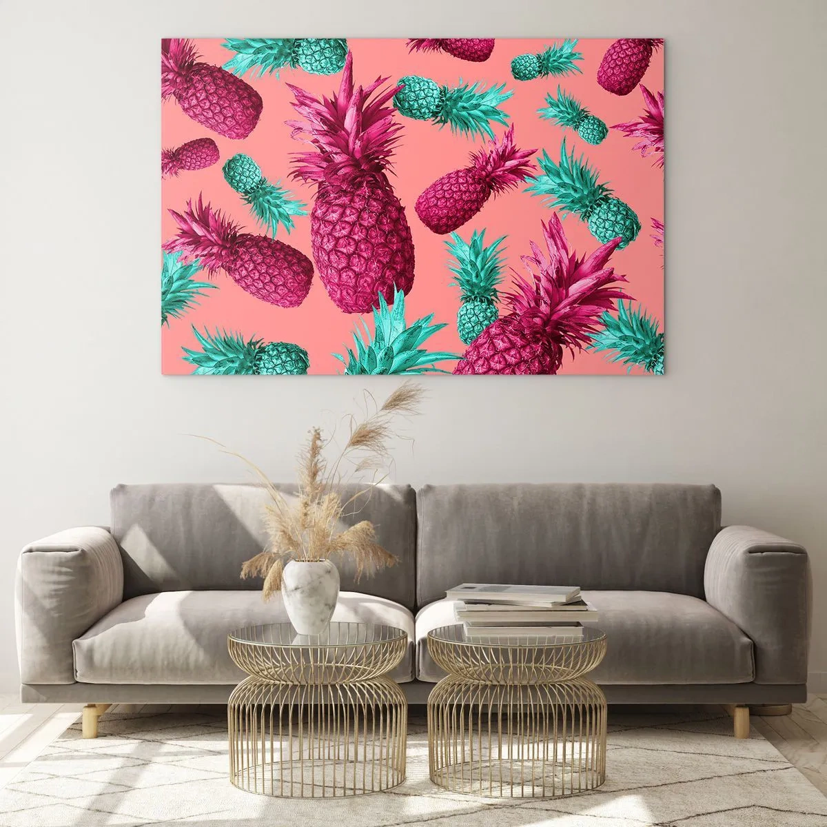 Quadro em vidro - Abacaxis coloridos em tons de rosa e verde sobre fundo rosa - 70x50cm - A liberdade é doce - Decoração de parede moderna para a sala de estar e quarto ARTTOR