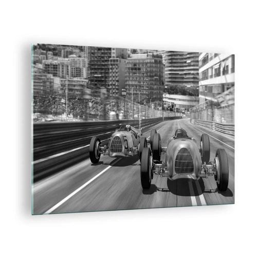 Quadro em vidro - Corrida de carros histórica em preto e branco - 70x50cm - Era uma vez em Monte Carlo - Decoração de parede moderna para a sala de estar e quarto ARTTOR