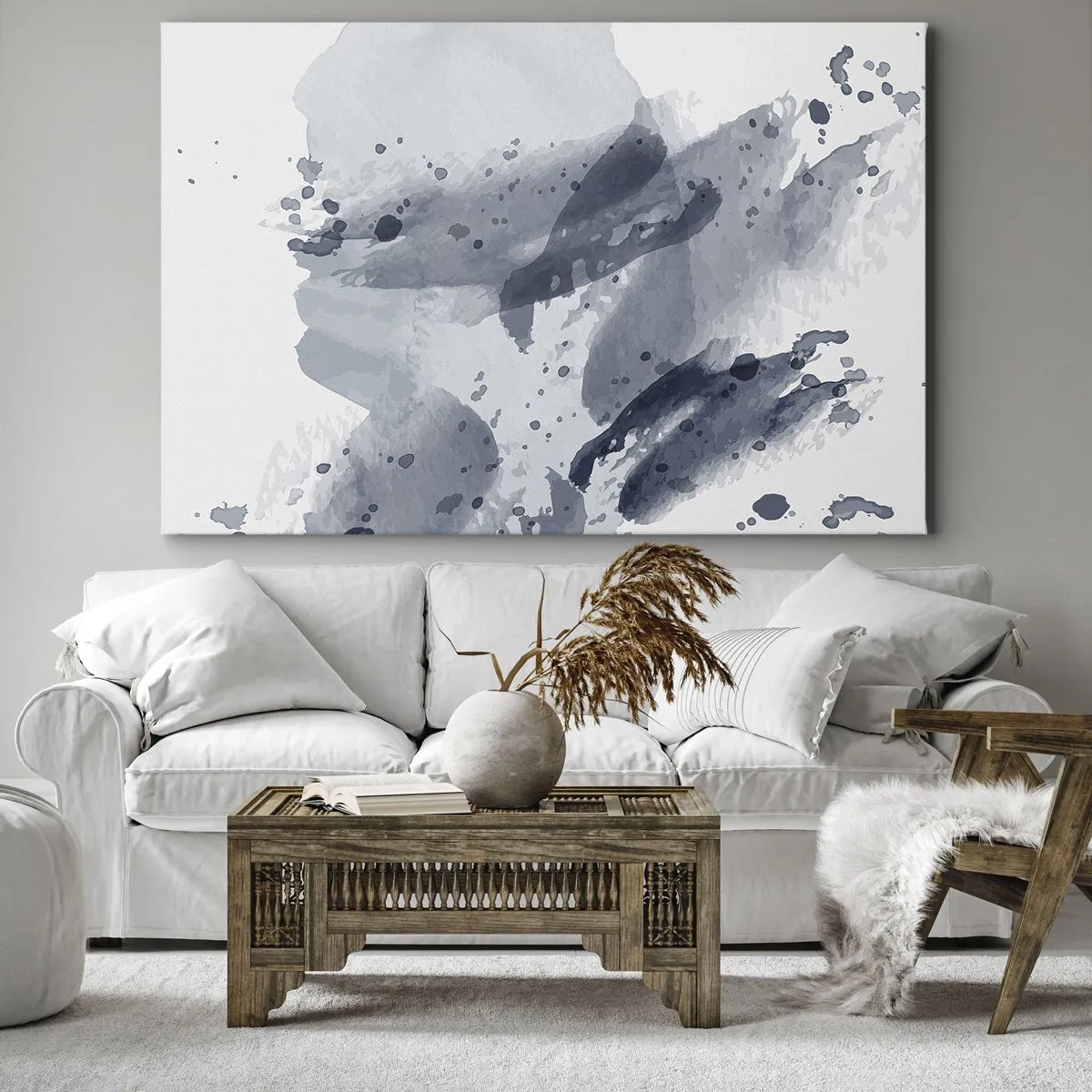 Quadro em tela - Manchas abstratas em tons de azul sobre fundo claro - 70x50cm - Um estudo da natureza da água - Decoração de parede moderna para a sala de estar e quarto ARTTOR