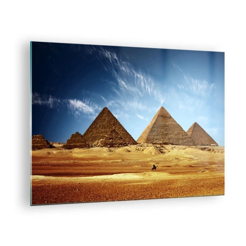 Quadro em vidro - As pirâmides de Gizé contra o céu azul - 70x50cm - 40 séculos vos contemplam - Decoração de parede moderna para a sala de estar e quarto ARTTOR