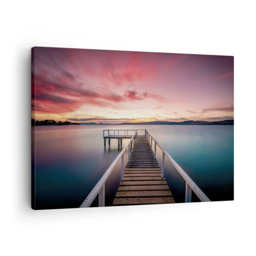 Quadro em tela - Um cais que leva a um lago tranquilo ao pôr do sol - 70x50cm - A chama suave da noite - Decoração de parede moderna para a sala de estar e quarto ARTTOR