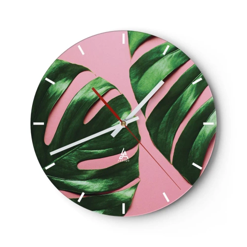 Relógio de parede - Relógio em vidro - Folhas verdes de monstera em um fundo rosa - 30x30cm - Encontro verde - Decoração de parede moderna para a sala de estar, cozinha e quarto ARTTOR