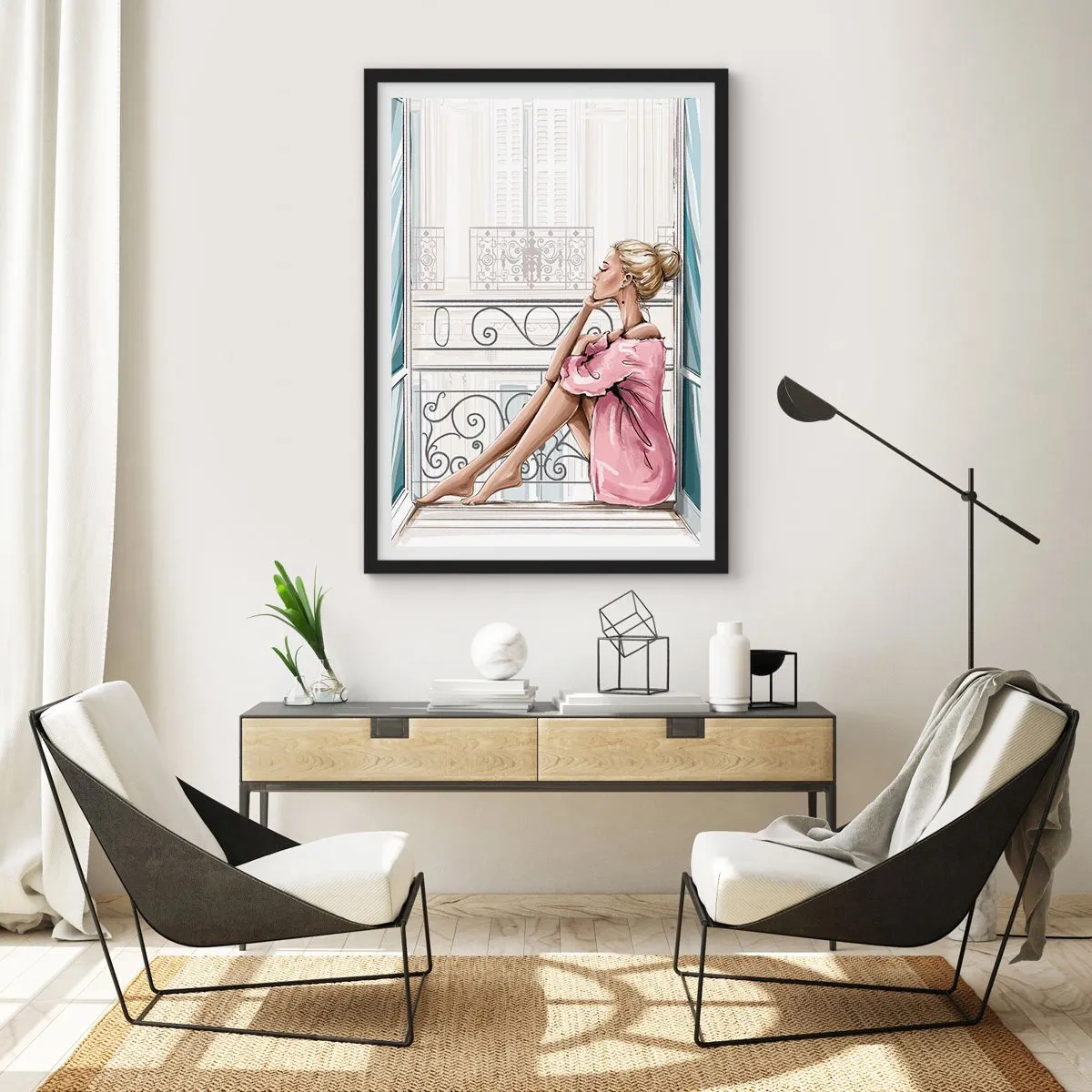 Pôster com moldura preta - Uma mulher de roupão rosa sentada na varanda - 50x70cm - Manhã em Paris - Decoração de parede moderna para a sala de estar e quarto ARTTOR