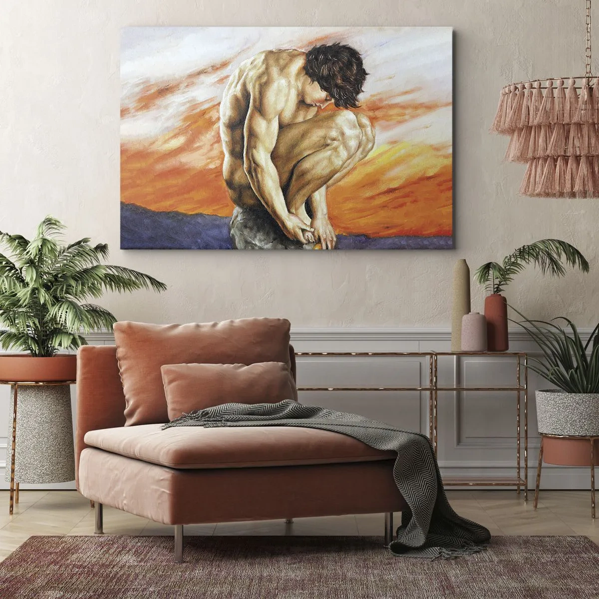 Quadro em tela - Um homem perdido em pensamentos tendo como pano de fundo o pôr do sol - 70x50cm - Imerso em si mesmo - Decoração de parede moderna para a sala de estar e quarto ARTTOR