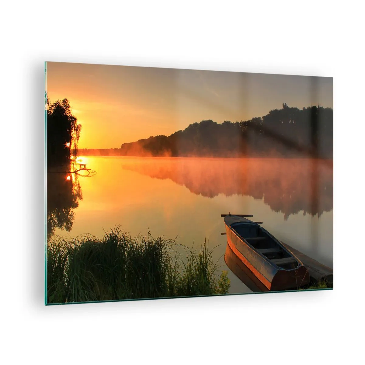 Quadro em vidro - Nascer do sol sobre um lago calmo com um barco na costa - 70x50cm - Nascer do sol sobre a água como um espelho - Decoração de parede moderna para a sala de estar e quarto ARTTOR