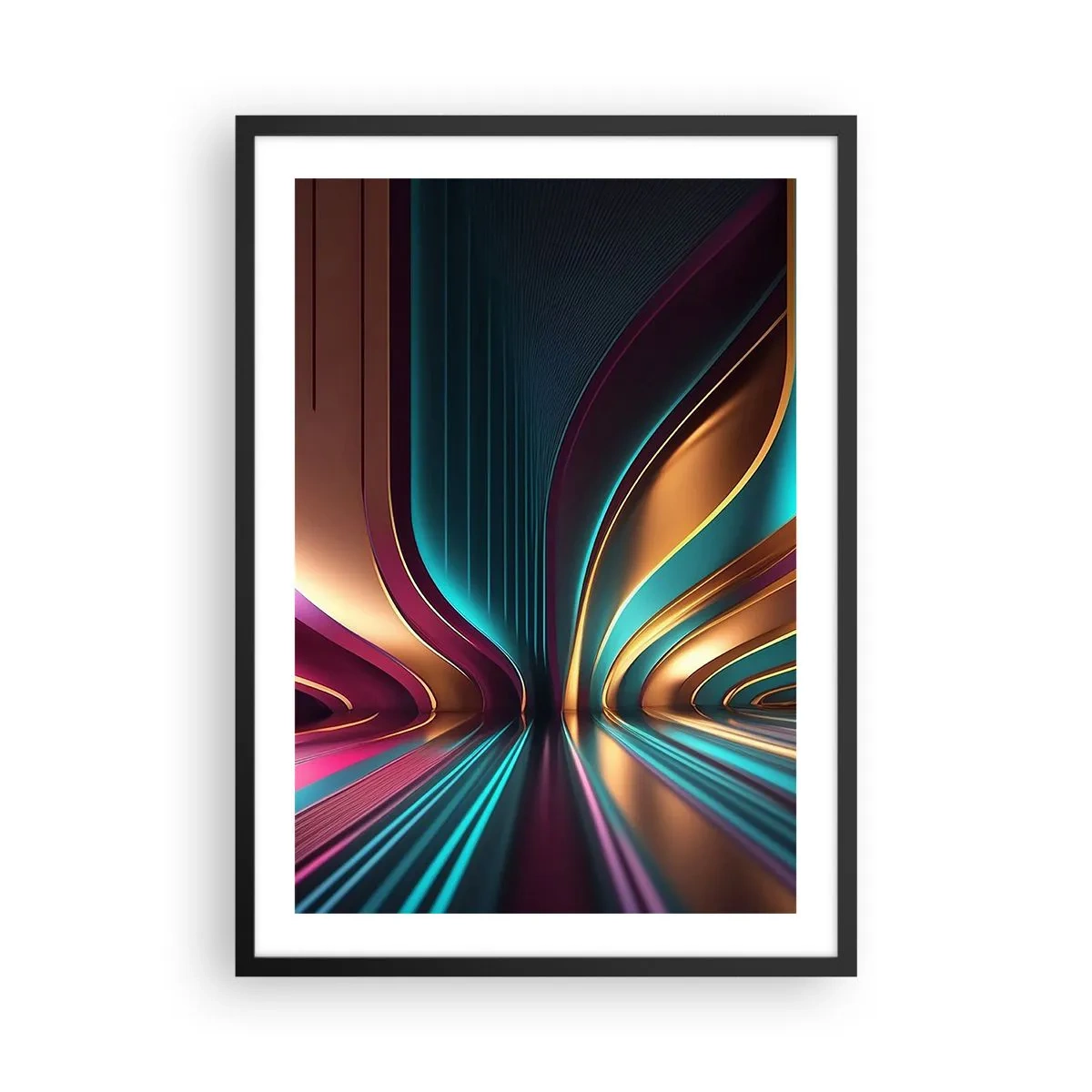 Pôster com moldura preta - Abstração futurista em cores douradas e turquesas - 50x70cm - Arquitetura de luz - Decoração de parede moderna para a sala de estar e quarto ARTTOR