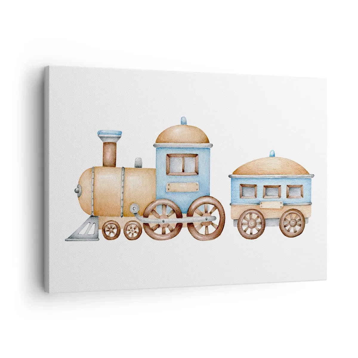 Quadro em tela - Desenho de um trem em tons pastéis sobre fundo branco - 70x50cm - Parado na estação... - Decoração de parede moderna para a sala de estar e quarto ARTTOR