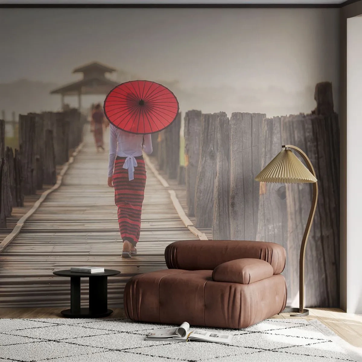Papel de Parede Premium Sand - Na ponte velha - Guarda-chuva, Birmânia, Ponte de madeira - 100x70 cm