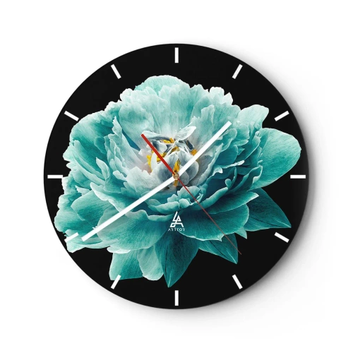 Relógio de parede - Relógio em vidro - Flor de peônia turquesa em um fundo preto - 30x30cm - Pétalas azuis e douradas - Decoração de parede moderna para a sala de estar, cozinha e quarto ARTTOR