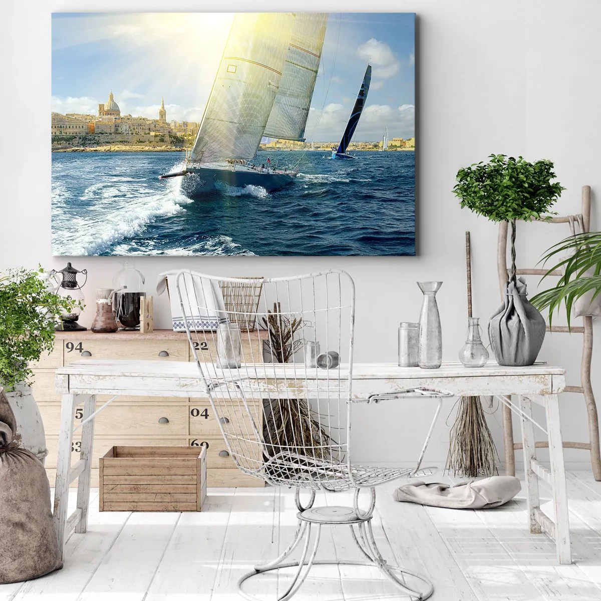 Quadro em tela - Regata de iates com o litoral ensolarado como pano de fundo - 70x50cm - É hora de deixar a cidade - Decoração de parede moderna para a sala de estar e quarto ARTTOR
