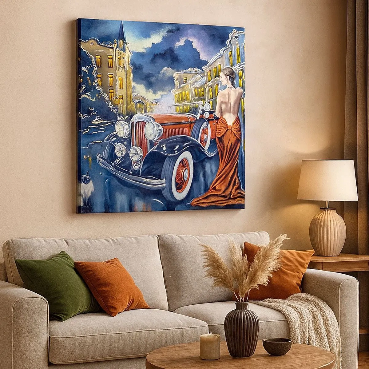 Quadro em tela - Música instrumental em azul e coral - 30x30 cm