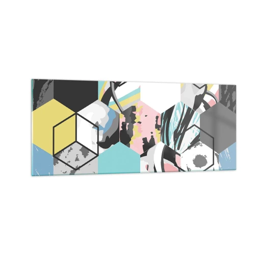 Quadro em vidro - Hexágonos e cubos em seis cores - 100x40 cm