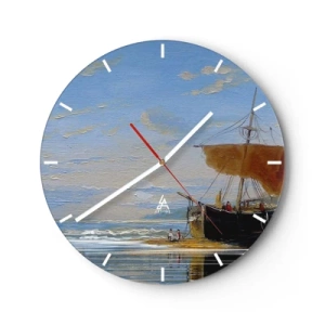 Relógio de parede - Relógio em vidro - Um veleiro na costa com pessoas contra o fundo do céu e do mar - 30x30cm - Água, terra, ar - Decoração de parede moderna para a sala de estar, cozinha e quarto ARTTOR