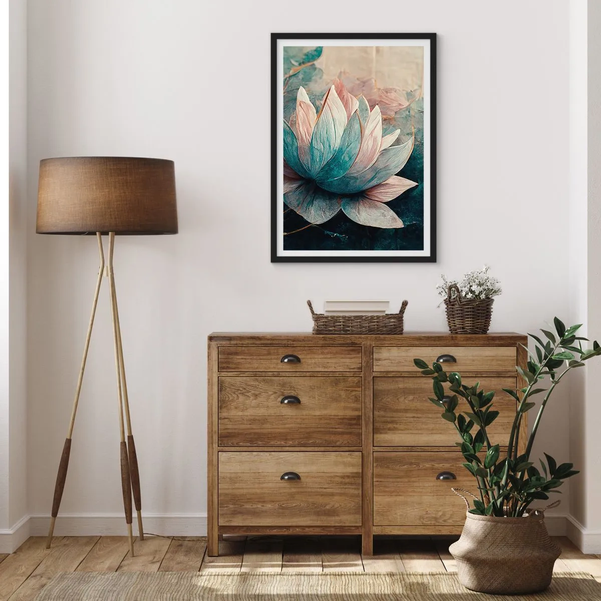 Pôster com moldura preta - Uma delicada flor de lótus com uma aura mística - 50x70cm - Estrelas do lago - Decoração de parede moderna para a sala de estar e quarto ARTTOR