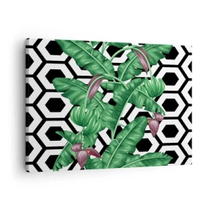 Quadro em tela - Folhas tropicais em um fundo geométrico - 70x50cm - Composição simétrica por natureza - Decoração de parede moderna para a sala de estar e quarto ARTTOR