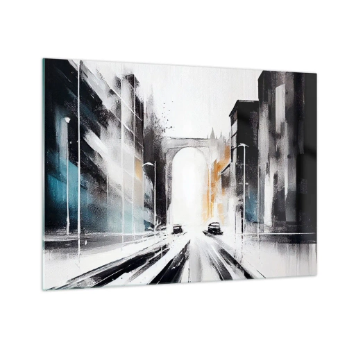 Quadro em vidro - Uma rua urbana dinâmica com carros e um arco ao fundo em estilo pictórico. - 70x50cm - Estudo da cidade: arquitetura e movimento - Decoração de parede moderna para a sala de estar e quarto ARTTOR