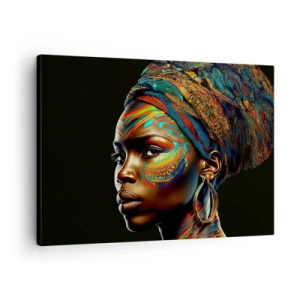 Quadro em tela - Retrato de uma mulher com um padrão colorido e um turbante - 70x50cm - Rainha africana - Decoração de parede moderna para a sala de estar e quarto ARTTOR