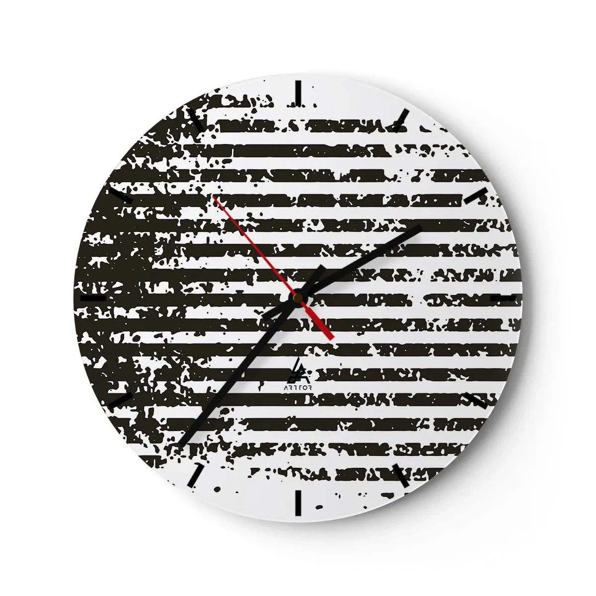Relógio de parede - Relógio em vidro - Listras horizontais pretas e brancas com textura irregular - 30x30cm - Ritmo e ruído - Decoração de parede moderna para a sala de estar, cozinha e quarto ARTTOR
