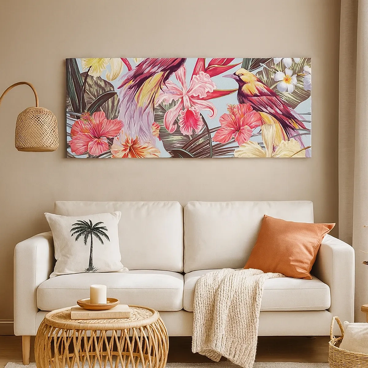 Quadro em tela - Pétalas e penas - 30x30 cm