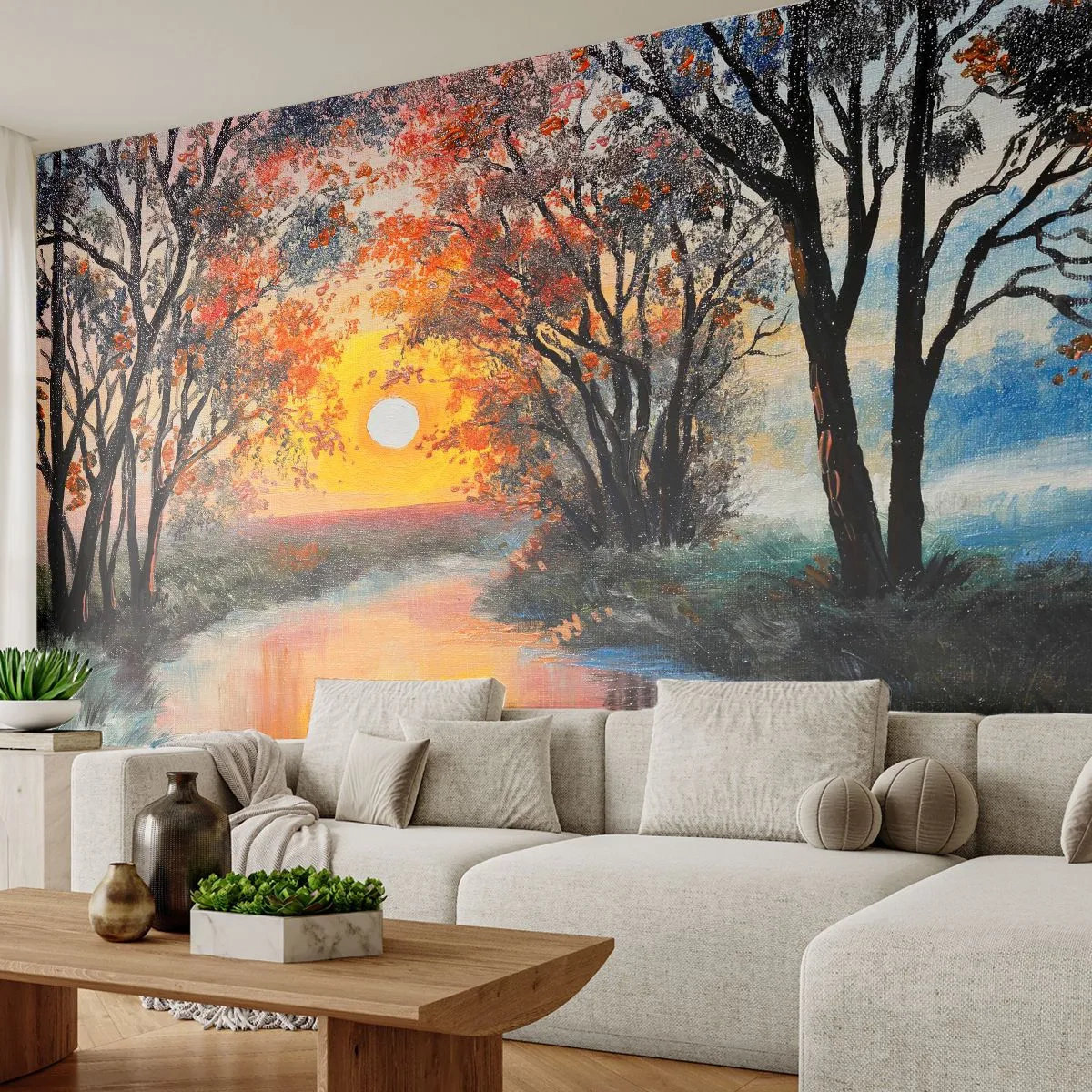 Papel de Parede Premium Canvas - Vibrações de outono - Paisagem, Rio, Árvores - 500x350 cm