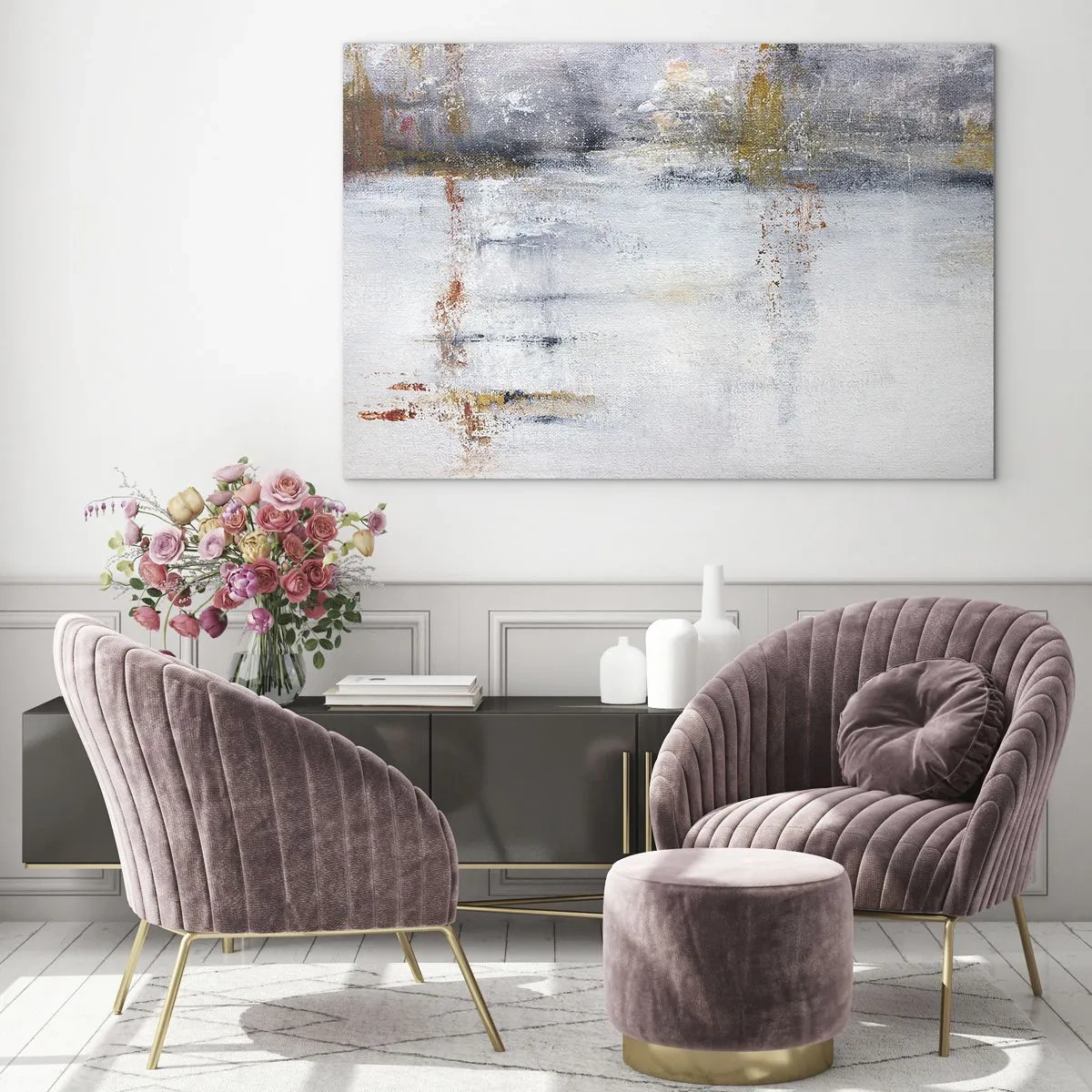 Quadro em vidro - Uma pintura abstrata com uma combinação sutil de cinza, branco e dourado. - 70x50cm - Atrás da cortina de ar - Decoração de parede moderna para a sala de estar e quarto ARTTOR