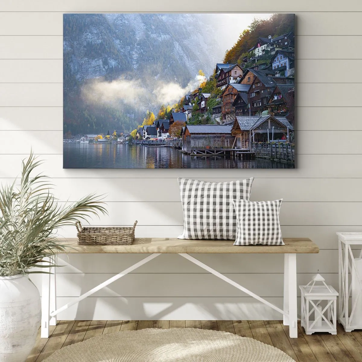 Quadro em tela - Uma aldeia de montanha perto de um lago em cenário de outono - 70x50cm - Atmosfera alpina - Decoração de parede moderna para a sala de estar e quarto ARTTOR