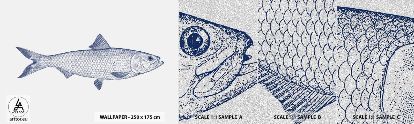 Amostra de papel de parede Premium Sand - Saudações dos mares do norte - Peixe, Animal marinho, Estilo à beira-mar - 100x30 cm